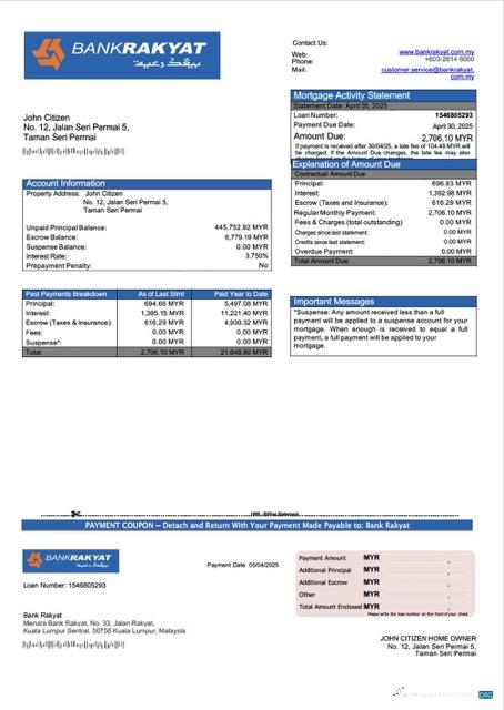 Download Malaysia Bank Rakyat mortgage statement Word and PDF template Photoshop template
